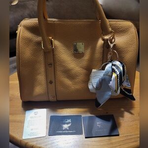 MCM Camel Leather Boston Bag with Blue Scarf Accent